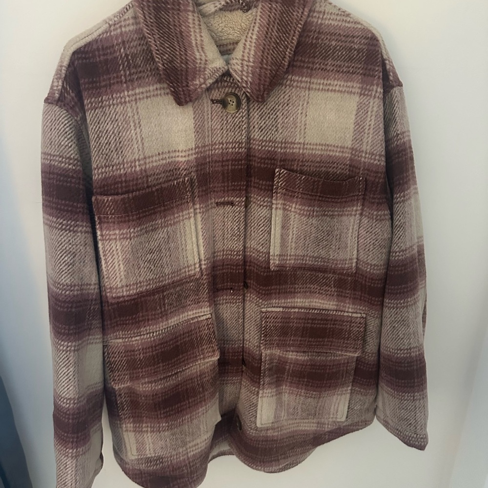 American Eagle Outfitters Burgundy and Cream Plaid Jacket